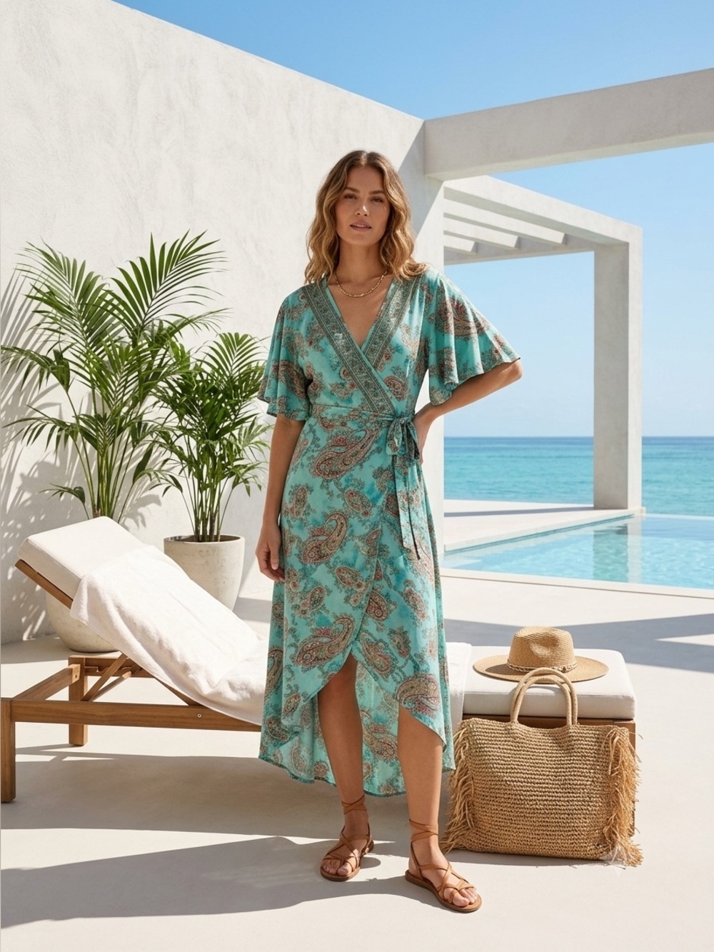 Lemonwood turquoise paisley print silk wrap midi dress - size Small / Medium